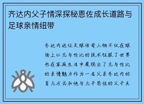 齐达内父子情深探秘恩佐成长道路与足球亲情纽带